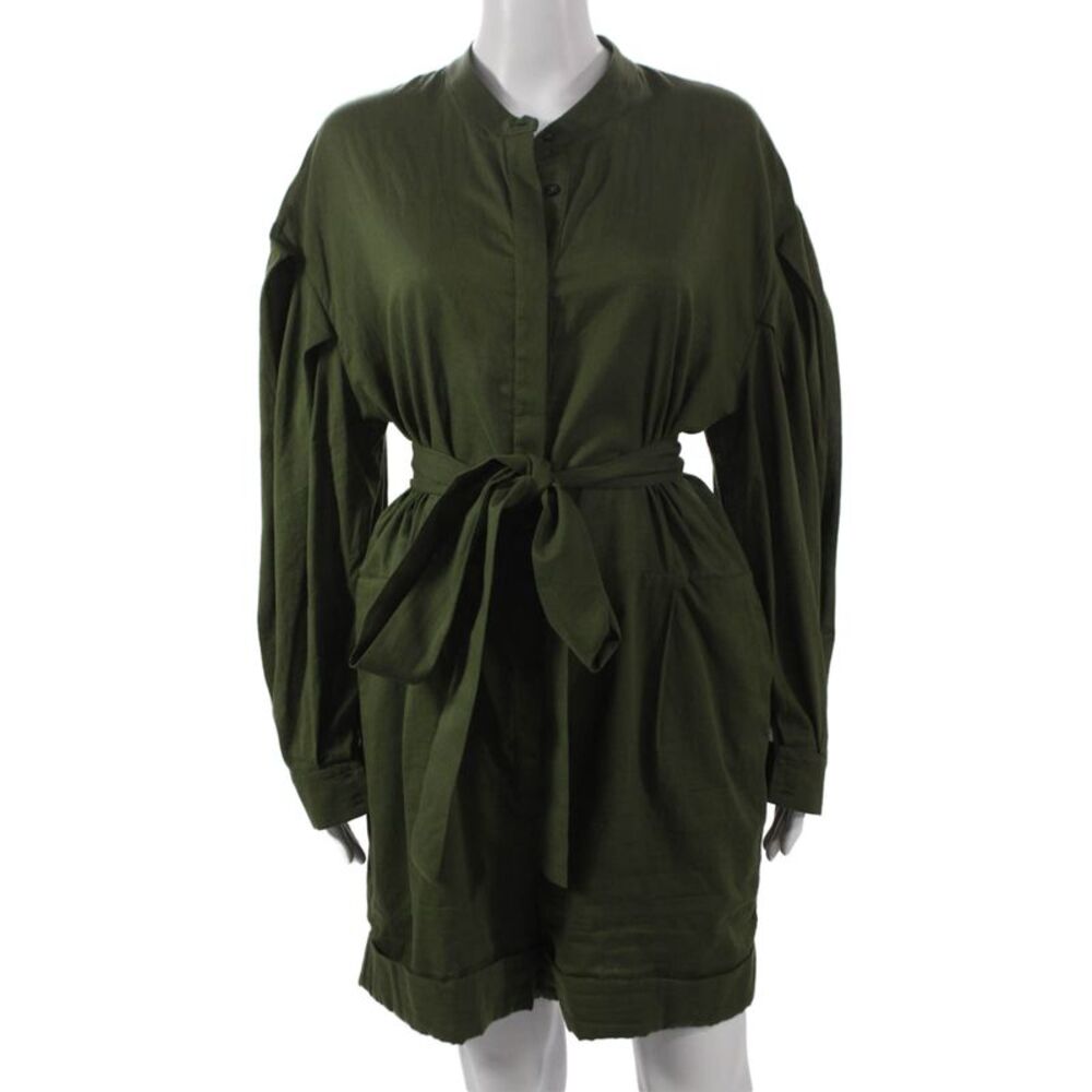 Heidi Merrick Womens Green Collared Button Romper Long Sleeve Solid Size L